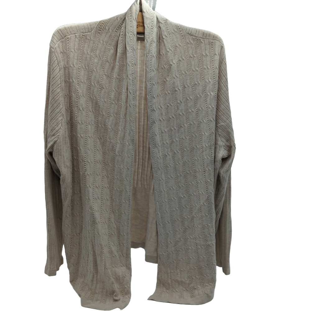 St Johns Bay Womens 1X Cardigan Sweater Beige Open Front Cable Knit Ribbed